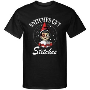 Snitches Get Stitches Bruised Elf Christmas Xmas Funny Humor Graphic Tee T Shirt